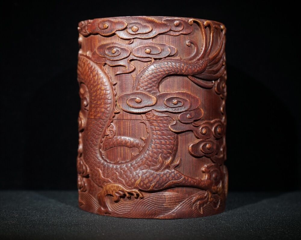 chinese bamboo carving antique carved brush pot pen case wood statue dragon Leo