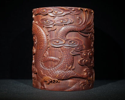 chinese bamboo carving antique carved brush pot pen case wood statue dragon Leo