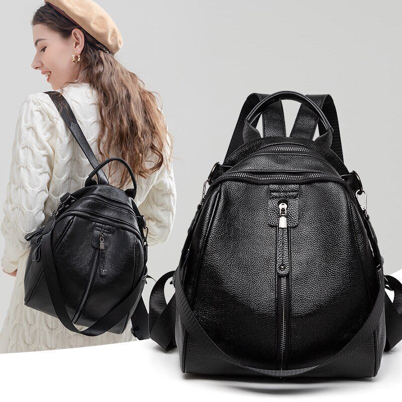 Black Backpack Genuine Leather Cowhide Bags Small Cute Traveling Luxury Softback