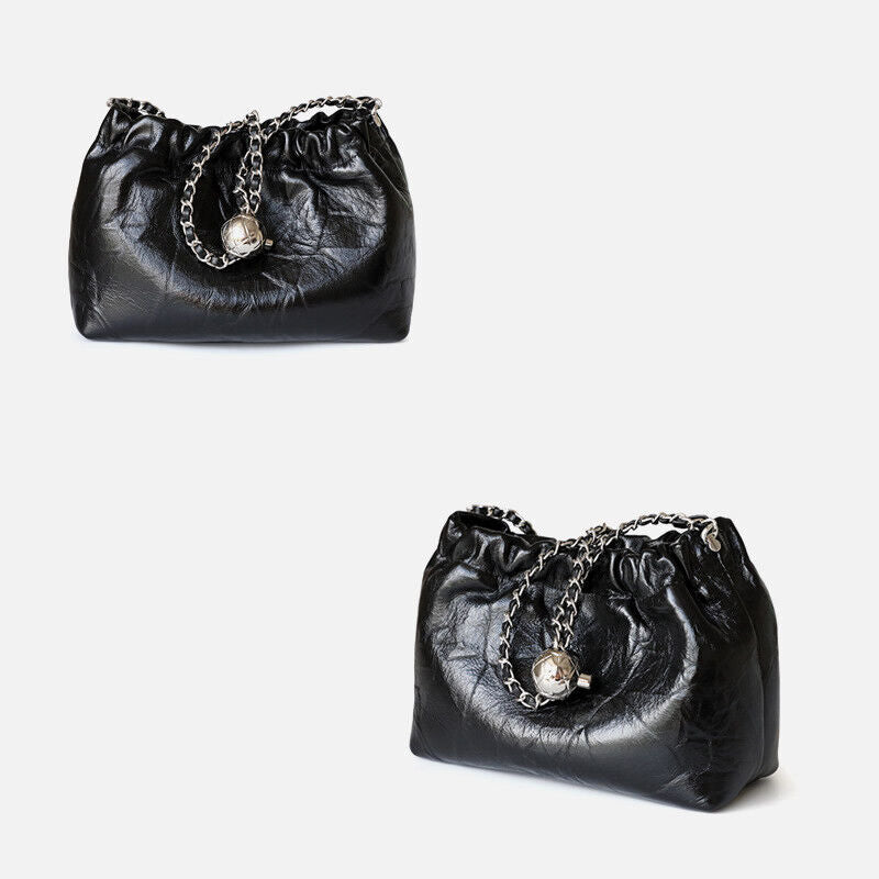 Small Mini Ruched Real Leather Clutch Pouch Purse Shoulder Bag w/ Chain Fashion