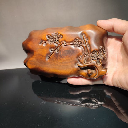 6" Carved Wood Decor Plum Blossom Magpie Statue Writing-Brush Washer Calligraphy