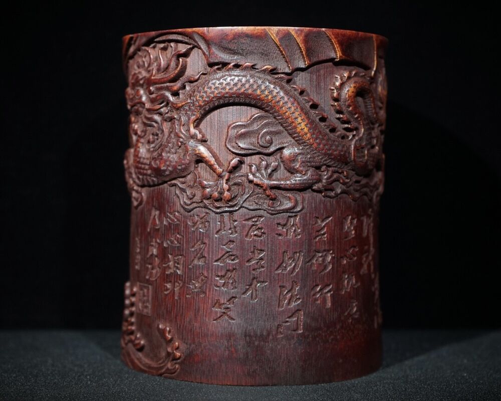 6" chinese carved brush pot pots dragon statue antique wood carving buddha Arhat