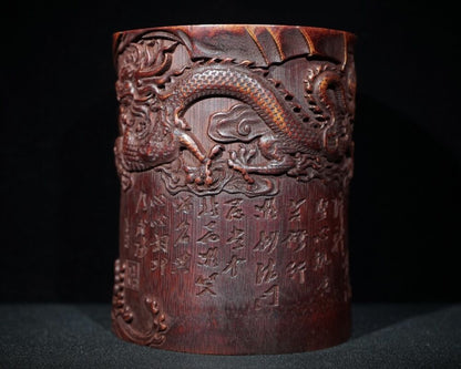 6" chinese carved brush pot pots dragon statue antique wood carving buddha Arhat