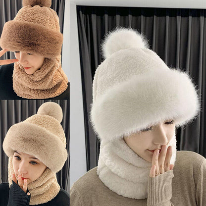 Women Warm Plush Velvet Hats Hooded Thick Scarf Caps Neck Warmer Pullovers Hat