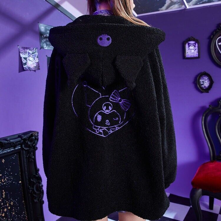 Girl KUROMI Devil Black Fleece Hooded Sweatshirt Zipper Jacket Causual Coat Tops