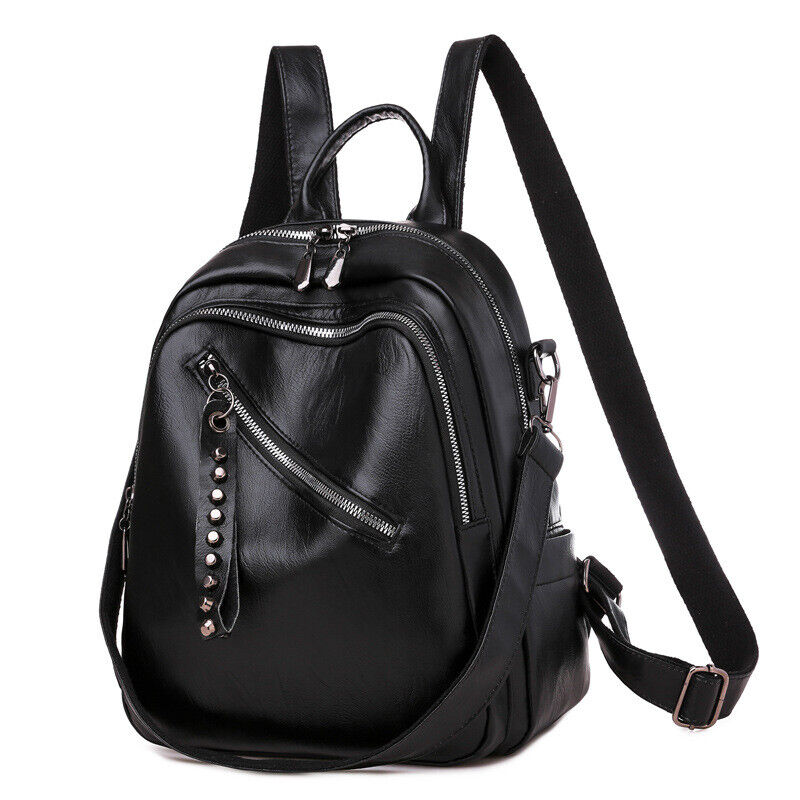 Large Capacity Black PU Leather Backpack Shoulder Bag Travel Rucksack Handbag