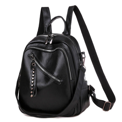 Large Capacity Black PU Leather Backpack Shoulder Bag Travel Rucksack Handbag