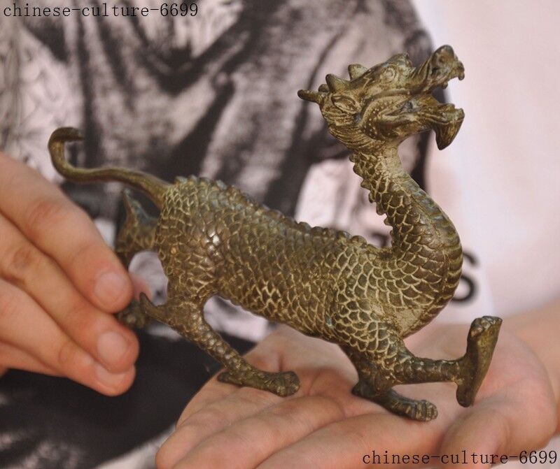 China Old Bronze Feng Shui Auspicious Dragon Loong Dragons Zodiac Animal Statue