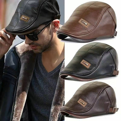 Winter Leather Cap Hat Warm Vintage Flat Casual Patchwork Beret Hiking Male