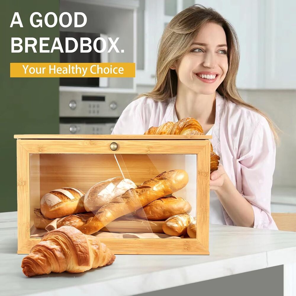 Wooden Bread Storage with Lid Food Organizer Container for Kitchen Countertop