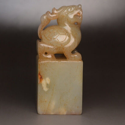 Antique Chinese Natural Hetian Jade Carving Dragon Turtle Seal Statue Sculpture