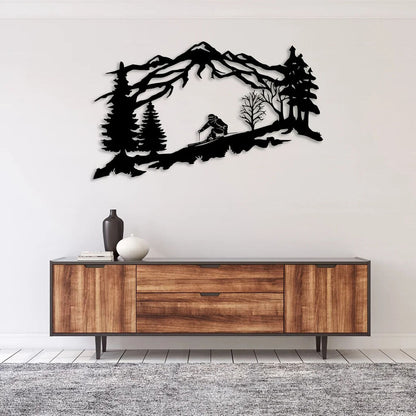 Metal Skier Wall Art, Mountain And Trees Themed Wall Art Metal Wall Decor