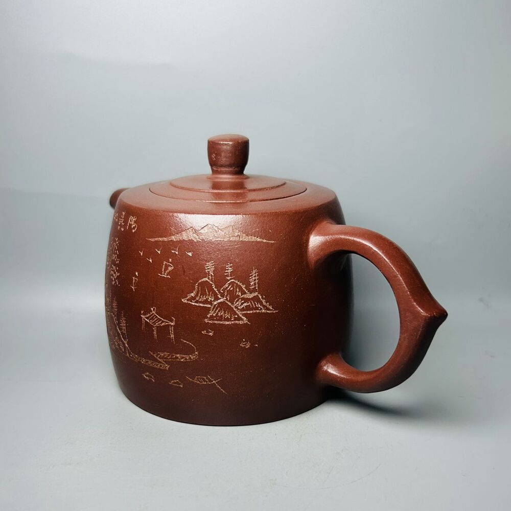 Vintage China Yixing Purple Clay Teapot Zisha Ceremony Carving Landscape Tea Set