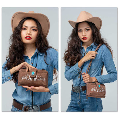 Celela Women Zip Turquoise Embroided Phone Wristlet Wallet Crossbody Bags Purse
