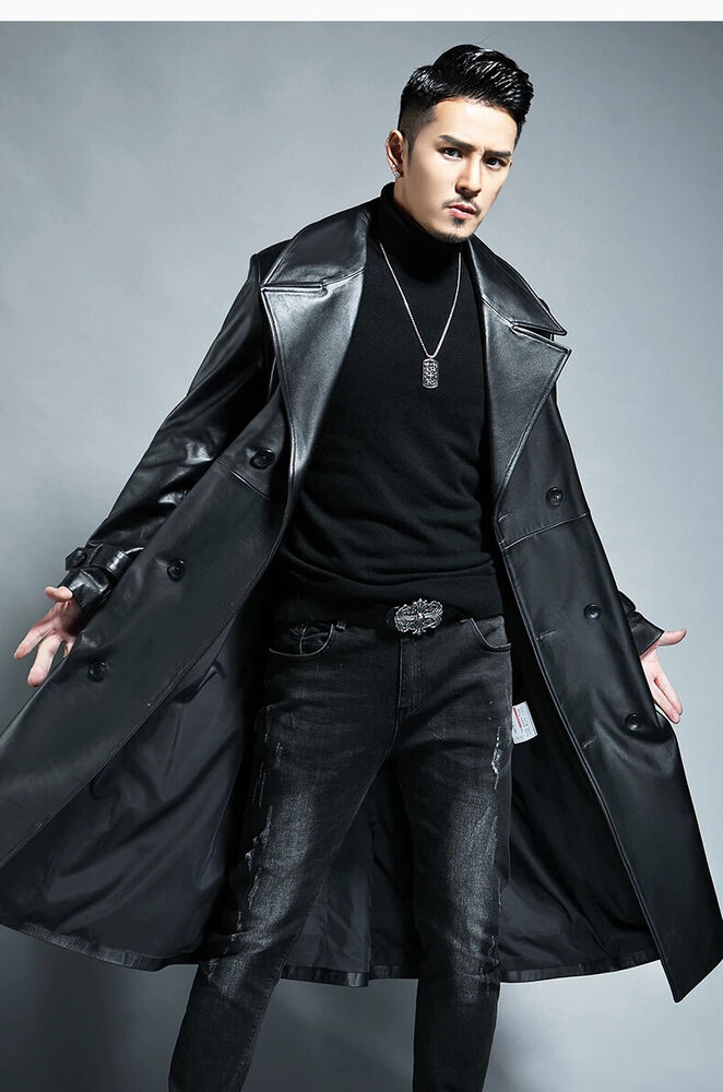 Spring Autumn Pu Leather Trench Coat Men Double Breasted Outerwear