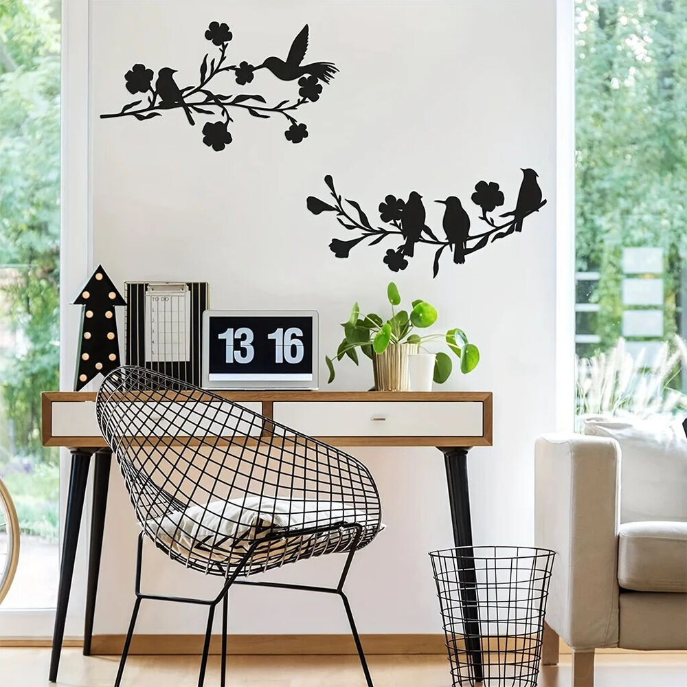 1pc Black Leaves and Flowers Metal Birds Wall Art Decor for Home and Garden