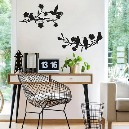 1pc Black Leaves and Flowers Metal Birds Wall Art Decor for Home and Garden
