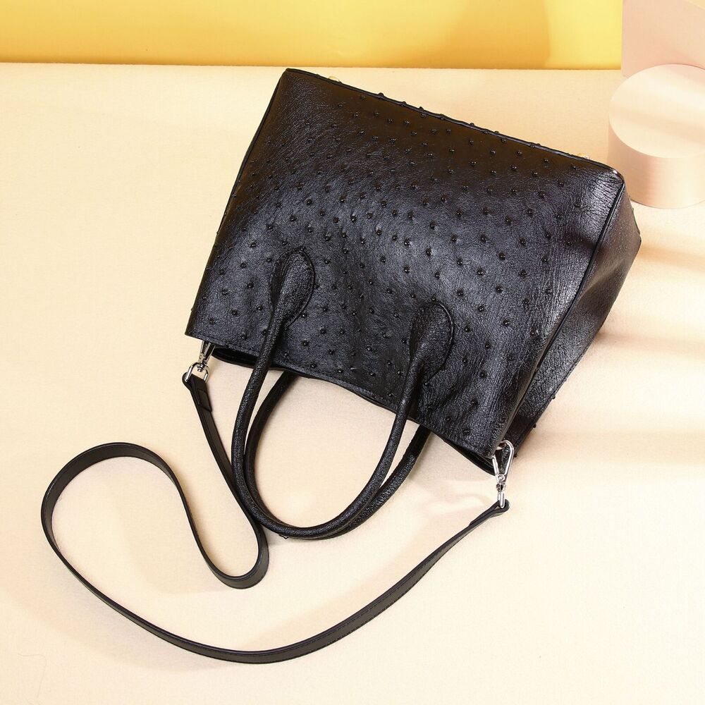 Top Cohide Leather Women's Black Handbag, Ostrich Skin Pattern Tote Shoulder Bag