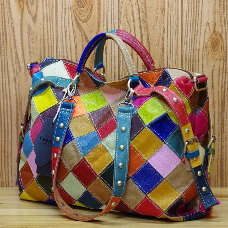 Genuine Cowhide Leather Colorful Blocks Patchwork Handbag Women's Tote Crossbody
