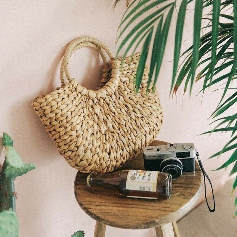 Women Retro Wicker Handbag Bags Totes Beach Summer Straw Woven Rattan Basket Bag