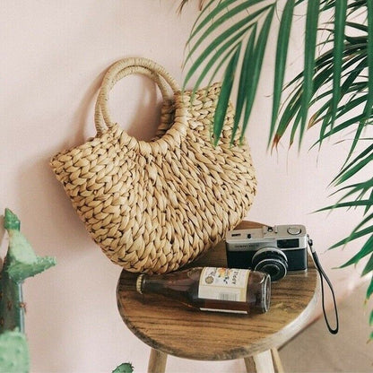 Women Retro Wicker Handbag Bags Totes Beach Summer Straw Woven Rattan Basket Bag