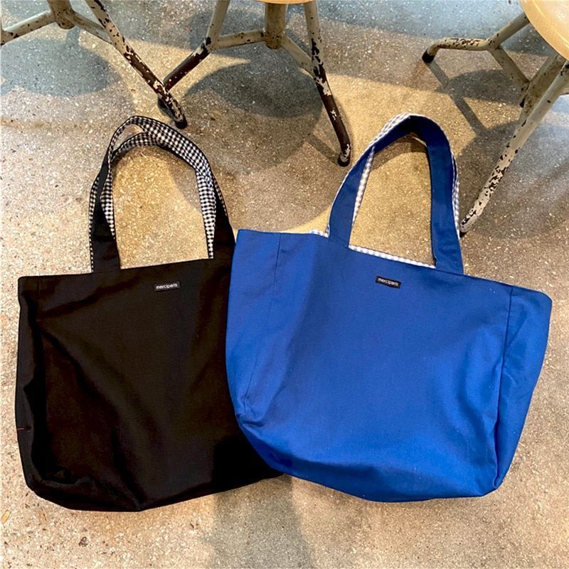 Canvas Bag Shoulder Totes Handbag Plaid Shopper Large Capacity Double Side Bags