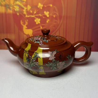 Chinese Yixing Purple Clay Teapot Zisha Ceramic Enamel Flower Bird Tea Set Nice
