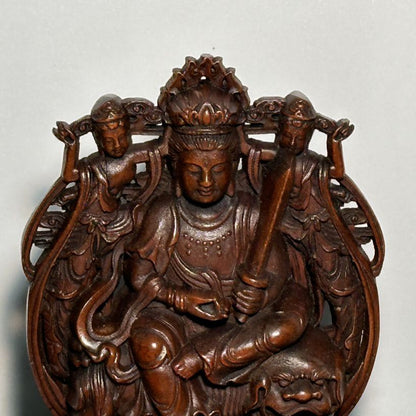 Chinese Boxwood Carving Bodhisattva Manjusri Statue Wooden Sculptures Ornaments