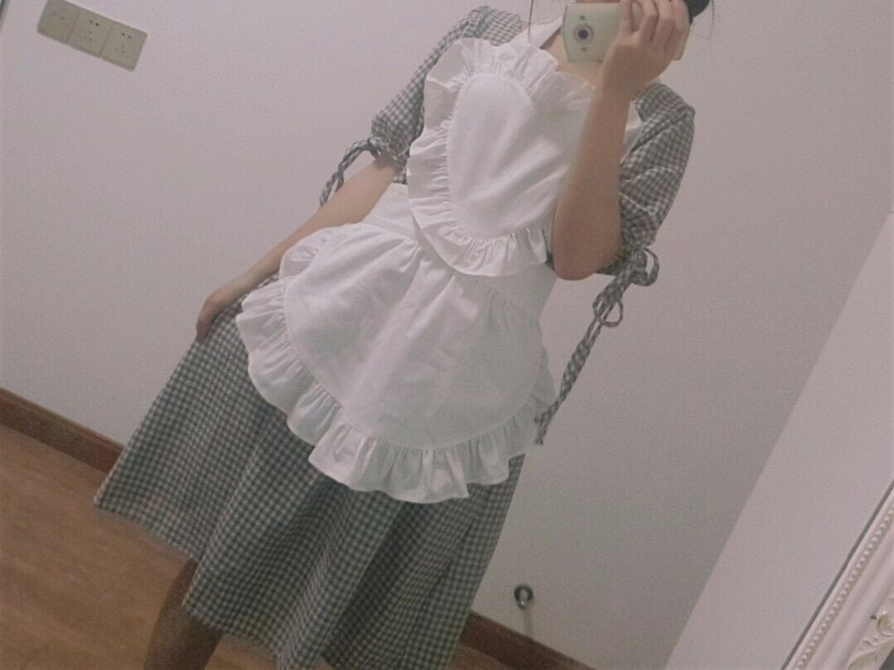 Women Plain White Aprons 57x49/66cm Cotton Ruffle Waitress Cosplay Work Wear Bib