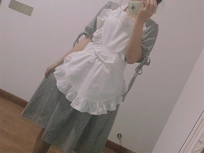 Women Plain White Aprons 57x49/66cm Cotton Ruffle Waitress Cosplay Work Wear Bib