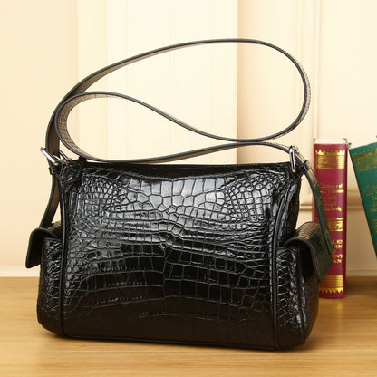 100% Real Leather Shoulder Bag, Designer Crocodile Embossed Sling Bag for Travel