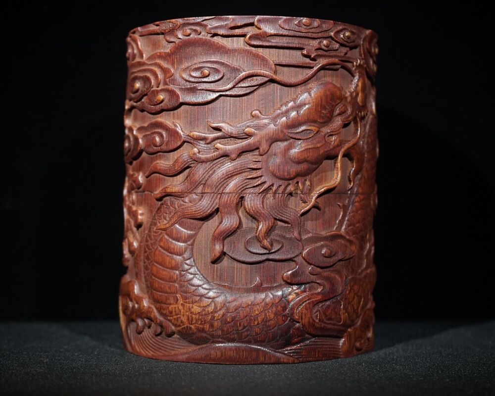 chinese bamboo carving antique carved brush pot pen case wood statue dragon Leo