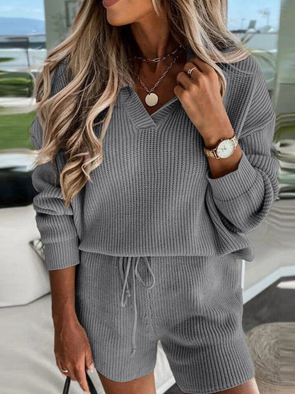 Women V Neck Sweater Shorts Outfit Piece Set Straight Waist Shorts 2pcs Suit