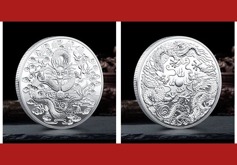 Commemorative Coin Double Dragon Nafu Gold Silver Bronze Chinese Classical Badge
