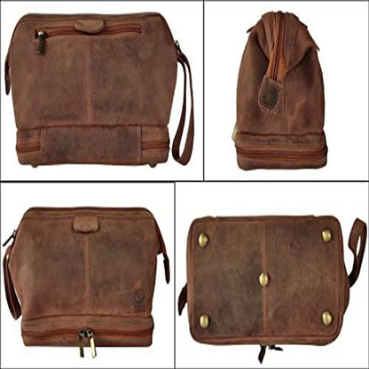 RUSTIC TOWN Genuine Leather Travel Cosmetic Bag - Hygiene Medium, Brown