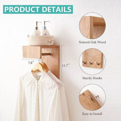 Oak Coat Rack Shelf Wall Mount 3-In-1 Wood Entryway Wall Shelf with 3 Hooks