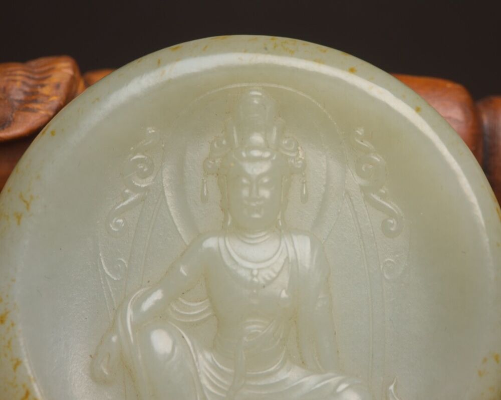 Antique Chinese Natural Hetian Jade Carving Kwan Yin Statue Lucky Jade Pendant