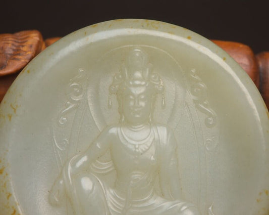 Antique Chinese Natural Hetian Jade Carving Kwan Yin Statue Lucky Jade Pendant