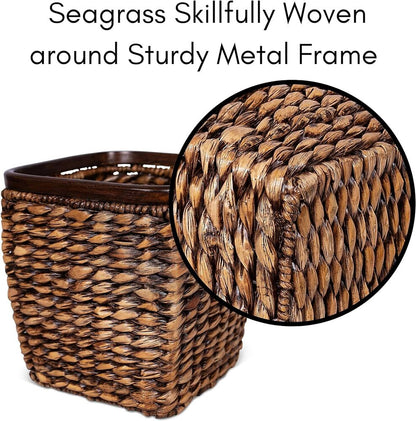 Handcrafted Seagrass Woven Wastebasket Grey Wash Waste Bin Decor Wood Trash Can