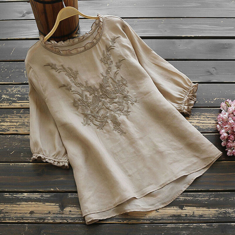 Women Summer Cotton Linen Shirt Casual Blouse Summer Baggy T-Shirt Tunic Tops