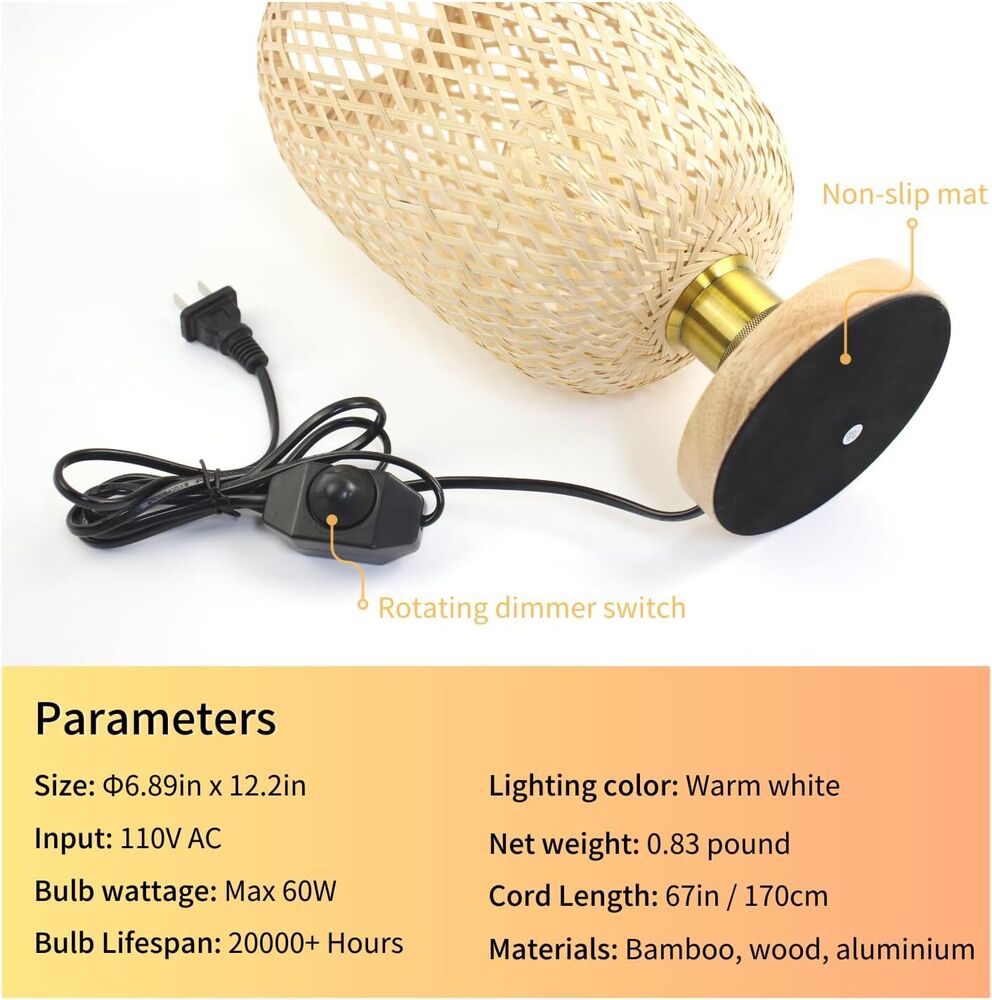 Handmade Rattan Woven Bedside Table Lamp Dimmable Boho Desk Home Decoration Gift