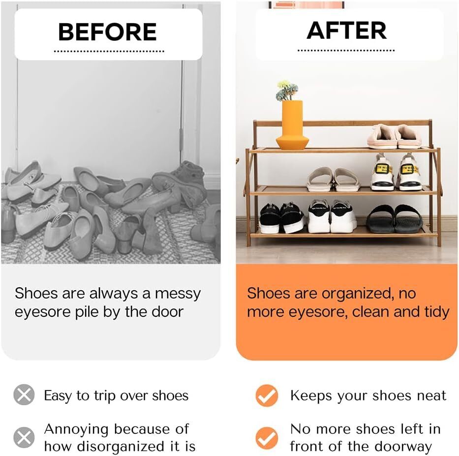 Installation-Free 3-Tier Shoe Rack for Closet & Entryway Foldable Bamboo Storage