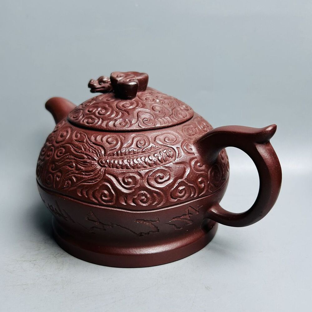 Vintage Chinese Yixing Purple Clay Teapot Zisha Ceramic Carving Dragon Teaware