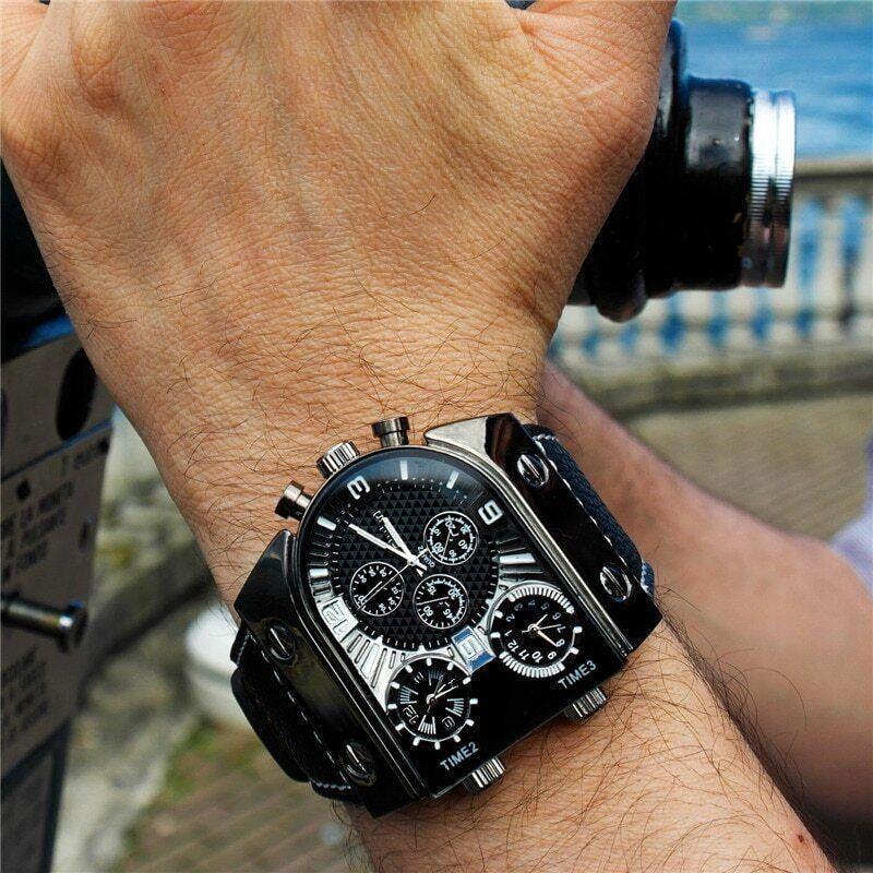 Reloj De Pulsera Grande Cuarzo Multi-zona Correa De Cuero Deportes Para Hombres