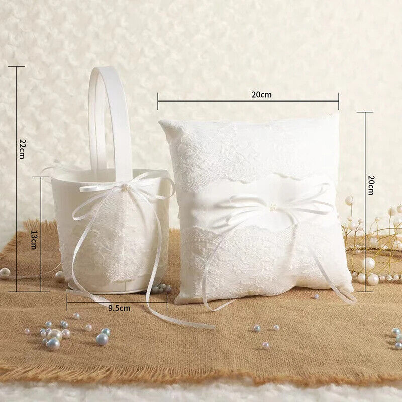 Ring Pillow Basket White Wedding Flower Girls Lace Pearl Event Party Decorations