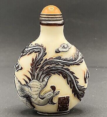 chinese glass Old Beijing exquisite dragon phoenix statue snuff bottle carving