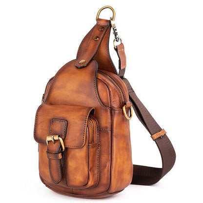 Men's Sling Backpack, 100% Cowhide Leather Vintage Chest Bag Crossbody Daypack
