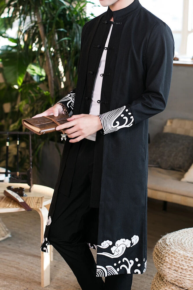 Coat Men Cardigan Coat Male Long Chinese Style Black Loose Linen Jacket