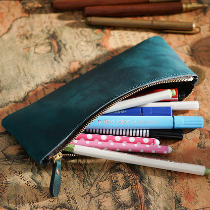 Handmade Cowhide Leather Vintage Zipper Pen Pencil Case Stationery Storage Bag