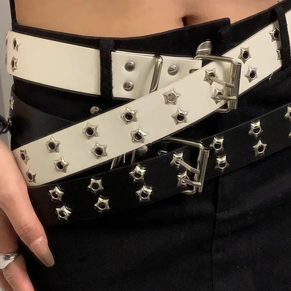 Women Belt Pu Leather Star Eye Rivet Punk Hollow Double Pin Buckle Men Waistband